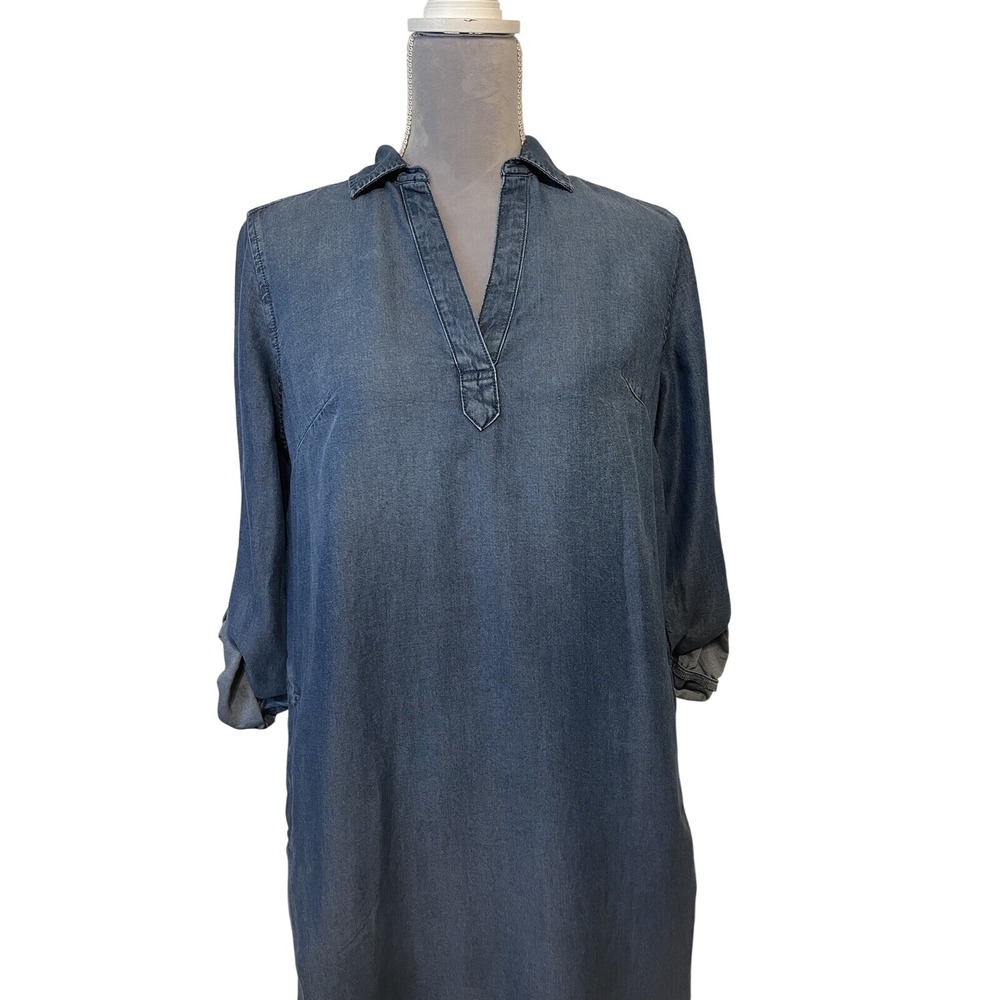 Falls Creek Shirt Dress Sz SM Blue Chambray Denim Pockets 3/4 Sleeve Western
